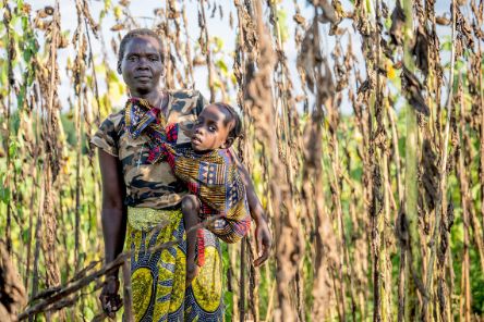 Eine Frau mit Kind in der Trage.