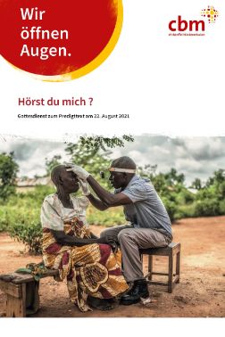 Ein Mann untersucht die Augen einer Frau; roter Halbkreis mit Aufschrift Wir öffnen Augen; Titelaufschrift: Hörst Du mich? 