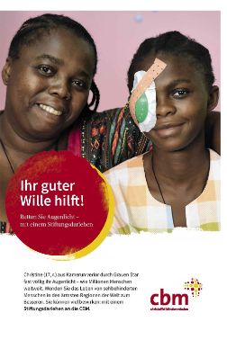 Zwei afrikanische Frauen, davon eine mit Augenverband. Auf einem roten Punkt steht: Ihr guter Wille hilft! 