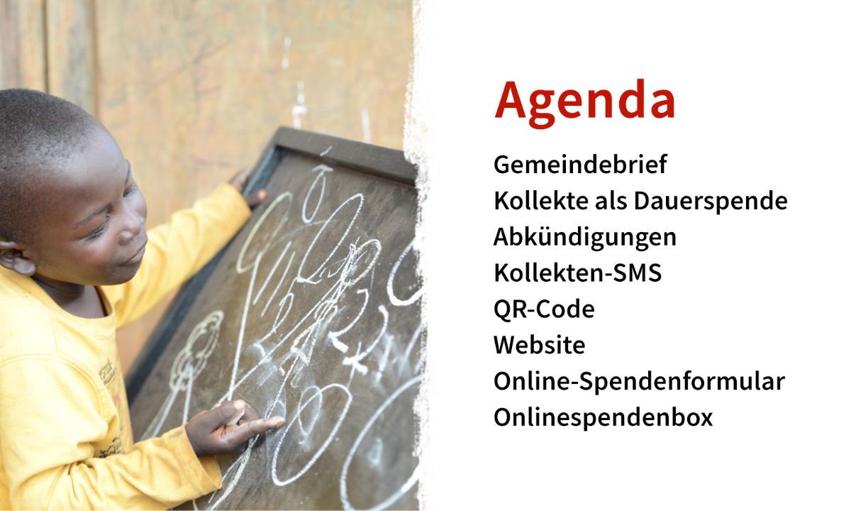 Kind schreibt auf eine Tafel; Agenda: Gemeindebrief, Kollekte als Dauerspende, Abkündigungen, Kollekten-SMS, QR-Code, Website, Online-Spendenformular, Onlinespendenbox